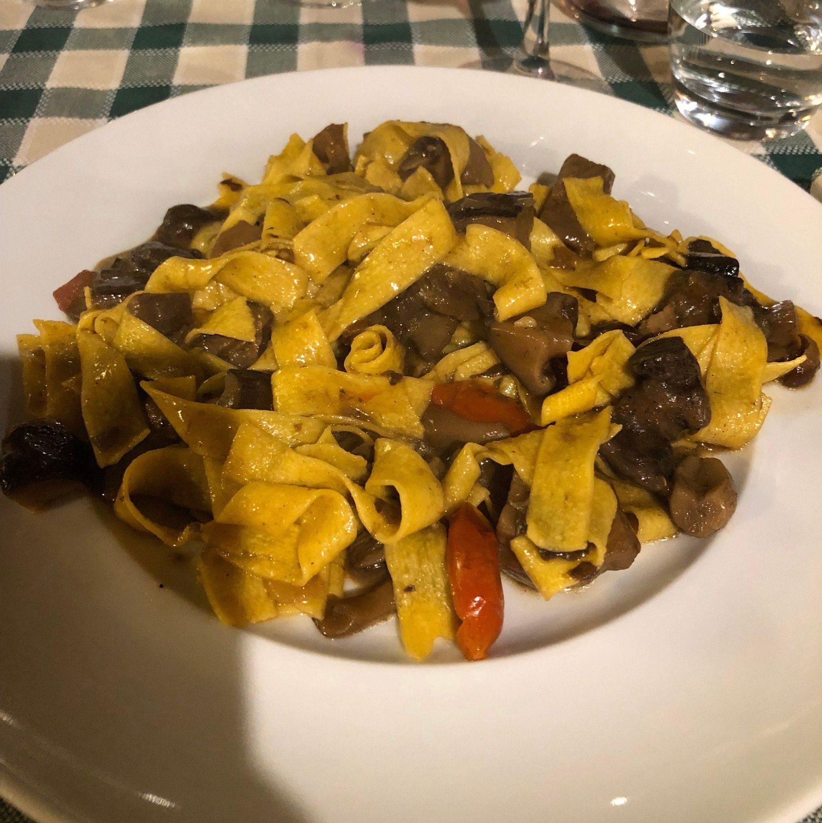 Pappardelle al ragù di cinghiale su tovaglia a quadretti verdi.